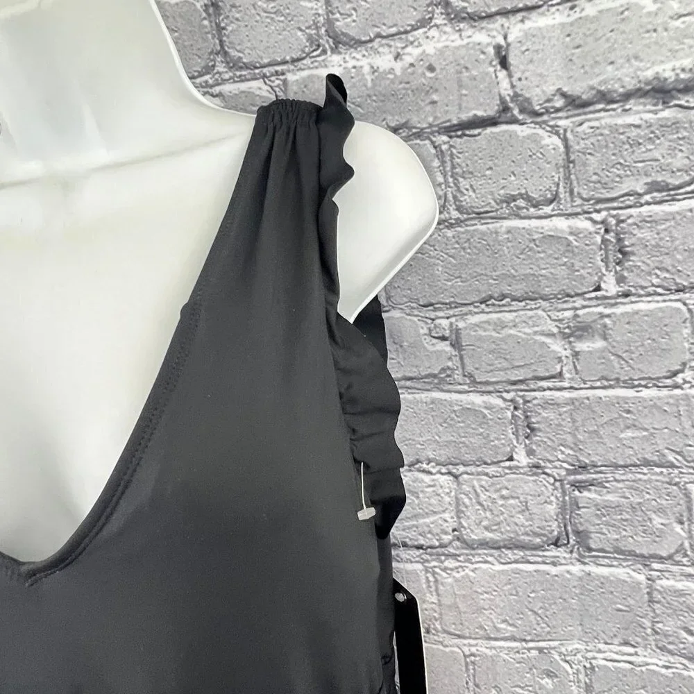 Catalina Swimwear Black‎ 1 Piece Swimsuit Size M Ruffle Smocked Deep Plunge NWT